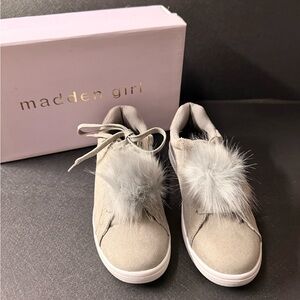 Madden Girl Light Grey Faux Fur Pom Lace-Up Sneakers
